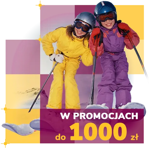 grafika przedstawiająca dwie narciarki i napis w promocjach do 1000 zł