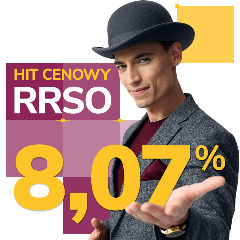 grafika przedstawiająca mężczyznę w meloniku oraz napis hit cenowy RRSO 8,07 procent
