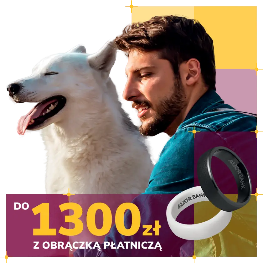 mężczyzna z psem i napis do 1300 zł z obrączką płatniczą